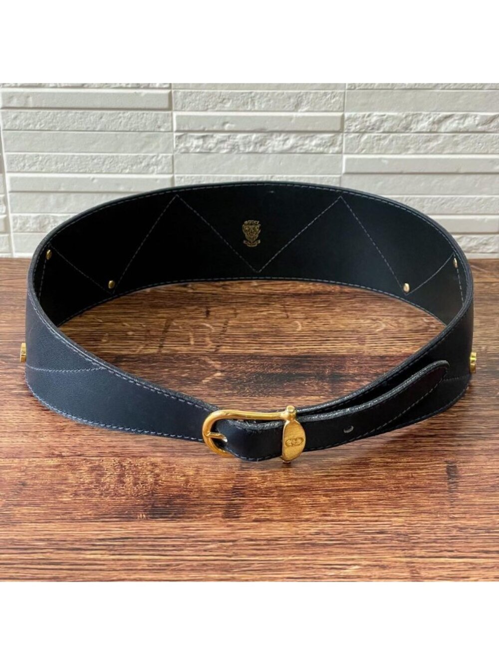 Gucci GG Leather Belt Gold Buckle Navy Hysteria - Picture 4 of 10